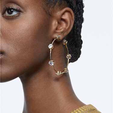 Constella hoop earrings Round cut Medium White Shiny gold tone